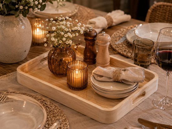 Dienblad - Serveerblad - Serveerplank - Dienblad van Mangohout - Vierkant Serveerblad - Decoratief Dienblad voor Serveren, Koffie & Woondecoratie - Voedselveilig - Hout - 34,5 x 34,5 cm - Naturel