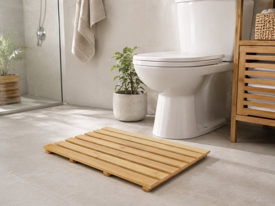 MPLCo - Bambus-Badematte - Anti-Rutsch-Badematte - Holz-Badematte für Dusche & Bad - Wasserabweisend - Mit Anti-Rutsch-Füßen - 55 x 35,5 x 2,5 cm - Natur