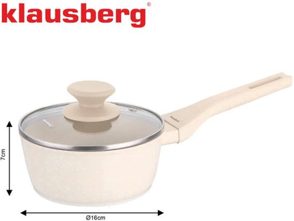 Klausberg - Pannenset - Koekenpan 24cm & Steelpan 16cm met Deksel - Marble Anti-aanbaklaag - Inductie Geschikt - Aluminium Kookgerei Set - Crème