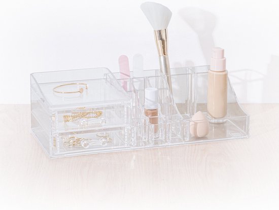 5Five Make-up organizer - 19 compartments and 2 drawers - transparent - 30 x 9 cm - plastic - Nail polish holder - Make-up holder - Organizers