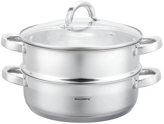 Klausberg - Steamer - 3-Piece Stainless Steel Steam Cooking Set - Steamer Insert - Glass Lid - Induction - Gas - Electric - Stainless Steel - 4.6 Liters - 26 cm - Silver