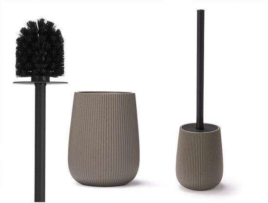 Toiletborstelhouder - Toiletborstel Set met Houder - Gestreept Toilet Accessoire - Mat Zwart RVS Handvat - Borstelhouder Modern - Badkamer Accessoire - 10,5 x 10,5 x 40,5 cm - Grijs