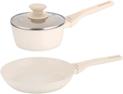 Klausberg - Pannenset - Koekenpan 24cm & Steelpan 16cm met Deksel - Marble Anti-aanbaklaag - Inductie Geschikt - Aluminium Kookgerei Set - Crème