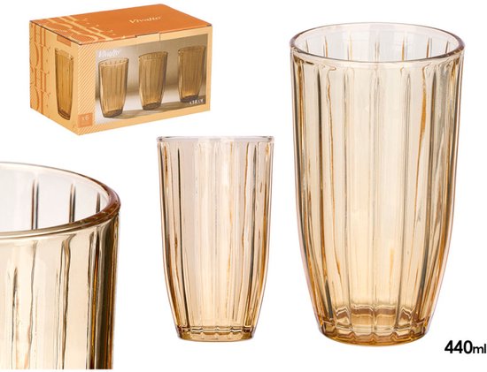 Waterglas - Cocktailglas - Sapglas - Geribbeld Drinkglas - Gestreept Glas - Set van 6 - Vintage Waterglas - 440ml - 8.2 x 8.2 x 14.2 cm - Amber