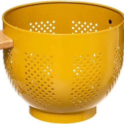 Passoire/tamis sur pied jaune 22 x 18,5 cm en fer avec poignées en bambou - Passoires de cuisine