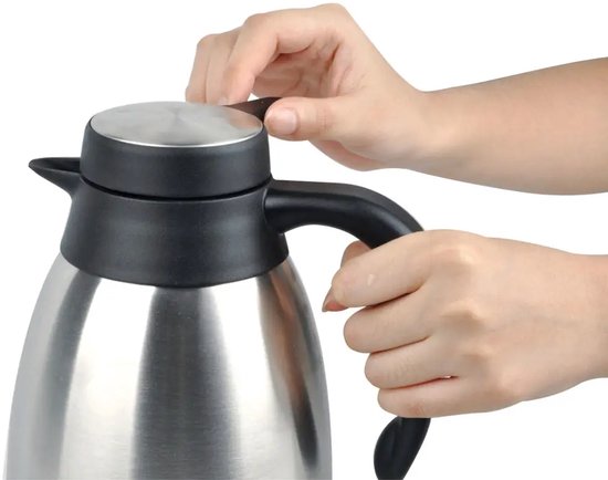 Kinghoff - KH-2095 - Dubbelwandig Thermoskan - Thermosfles - Thermoskan met Schenksysteem - Met Thee Label - Voor Kantoor, Catering & Thuis - 2 Liters - RVS - Zwart & Zilver