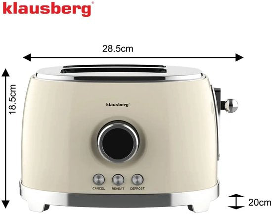 Klausberg - Toaster - Kitchen Toaster - Toaster with LED Display and 6 Settings - Wide Slot Toaster - 2 Slices - Retro Design - Defrost & Reheat Function - 850W - approx. 28.5 x 18.5 x 20 cm - Beige