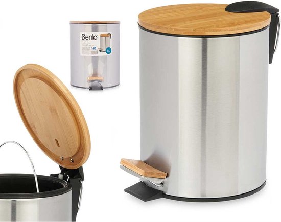 Berilo Pedaalemmer Steel - softclose - 5L - zilver/beige - D20 x H26 cm - prullenbak voor badkamer