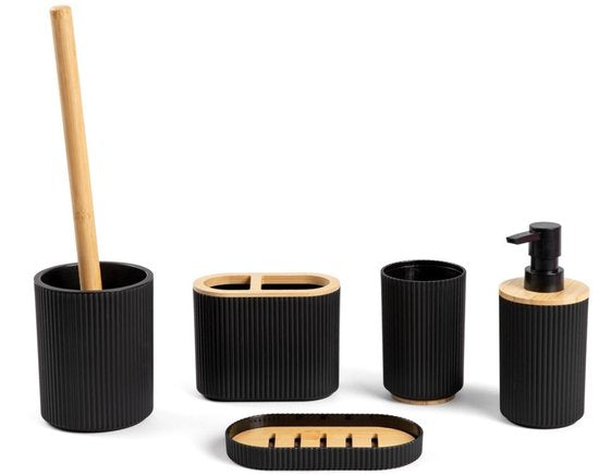 Homla Loreto badkamer accessoires set – 5-delig, zwart met bamboe
