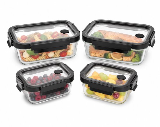 Vershoudbakjes Glas Set van 4 - Meal Prep Bakjes - Glazen Lunchbox met Deksel - 2x 0.5L & 2x 1.3L