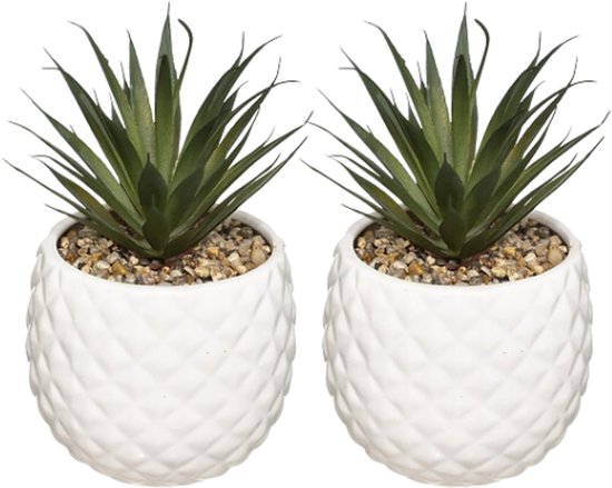 Künstliche Ananas-Pflanzen im Keramiktopf – 2er-Set – 21 cm – Weiß
