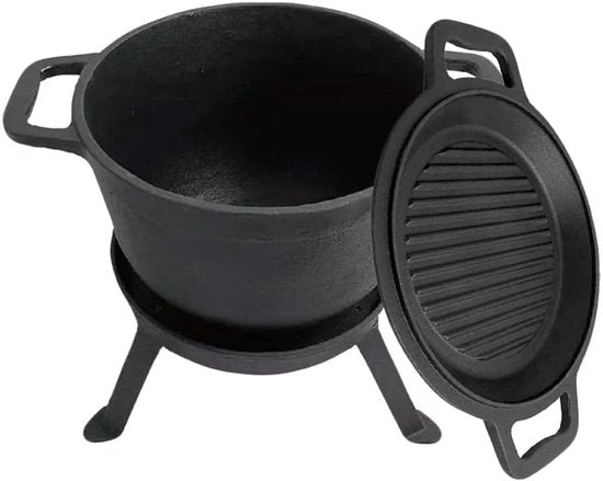 Kinghoff KH1732 - Gusseisernes Camping-Kochset 3-in-1 (5L) - Grillpfanne, Deckel & Topf - Kochset - Camping - Kochgeschirr