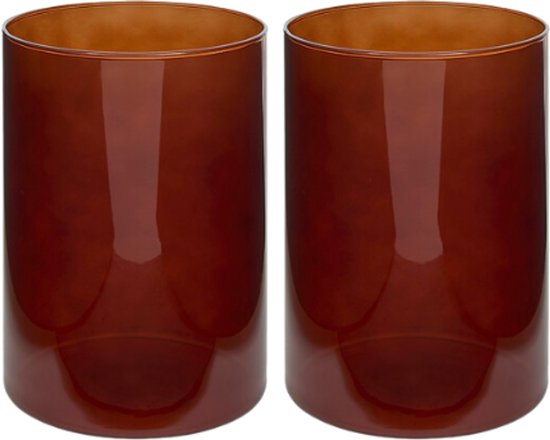 Lidy Vaas - Glazen Vaas - Set van 2 - Decoratieve Bloemenvaas - Ø14 x 20 cm - Amber Bruin