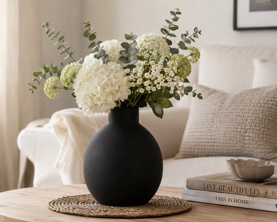 Keramikvase - Moderne Blumenvase - Dekorative Vase - Design-Vase für Trockenblumen und Zweige - Ø 14,5 x 18 cm - Schwarz