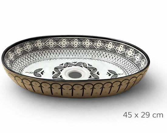 Handgemaakte Marokkaanse Waskom – Opbouw Wastafel - Geometrisch - Keramiek - Ovaal - 45 x 29 cm - Zwart& Wit
