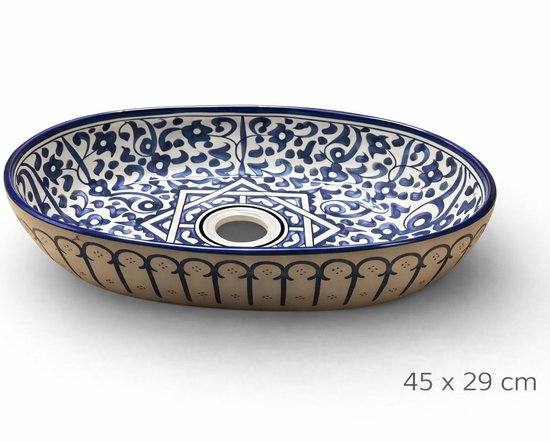 Handgemaakte Marokkaanse Waskom - Opbouw Wastafel - Keramiek - Ovaal - 45 x 29 cm - Blauw Wit