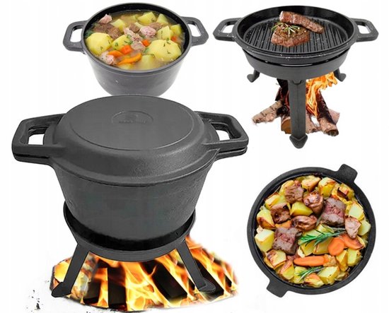Kinghoff Cast Iron Dutch Oven 10L – 3-in-1 Outdoor Cooking Set | Stew Pot, Grill and Campfire Pan