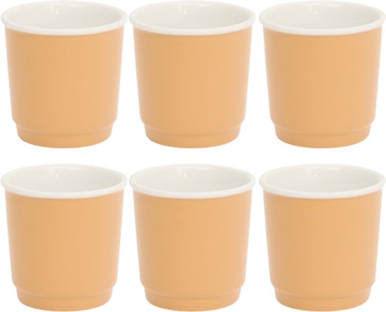 Espresso Kopjes - Set 6 Stuks - Nature Oker Espresso Cups - Kleine Koffiekopjes - Stapelbare Espresso Mokjes - 90ml - New Bone Porselein - Ø6 x 6 cm - Oker