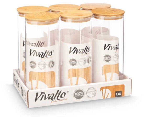 Bewaarpot - Glazen Voorraadpot - Borosilicaat Glas Bewaarpot met Bamboe Deksel - Keuken Voorraadbus - Transparante Voorraadpot Groot - Pasta Rijst Muesli - 1.8L - 10 x 10 x 25 cm - Transparant & Bamboe