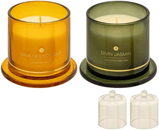 ILAE Duftkerze - Duftkerze im Glas mit Deckel - 2er-Set - Vanille & Jasmin - Scented Candles - Luxus-Wohnkultur - 240 g - Ø 10,8 x 13,8 cm - Bernstein & Grünes Glas