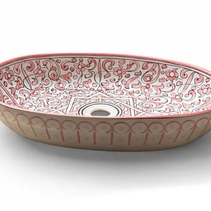 Handgemaakte Marokkaanse Waskom - Opbouw Wastafel Design - Keramiek - Ovaal - 39 x 29 cm - Roze & Wit