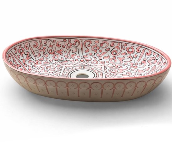 Marokkaanse waskom roze-wit – ovale opbouw wasbak van keramiek, 39 x 29 cm
