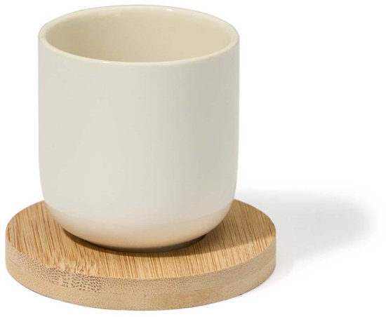 Set of 4 White Ceramic Coffee Cups with Bamboo Coasters – 95 ml – Dishwasher and Microwave Safe
