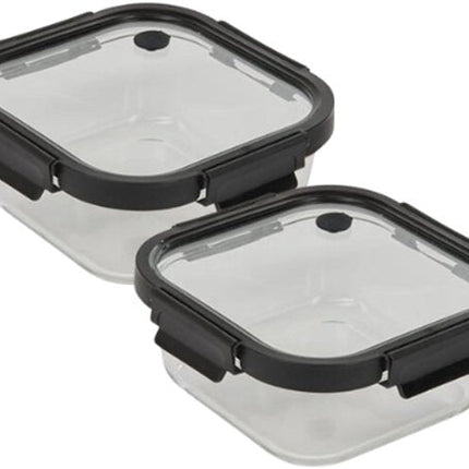 Vershoudbakjes - Set van 2 - Bewaarbakjes met Deksel - Magnetronbestendige Lunchbox - Voedselcontainer - Vierkante - 1.1 Liter - Borosilicaat Glas - 19.3 x 19.3 x 8.1 cm - Transparante en Zwart Deksel