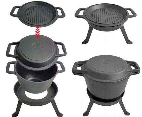 Kinghoff Cast Iron Dutch Oven 10L – 3-in-1 Outdoor Cooking Set | Stew Pot, Grill and Campfire Pan