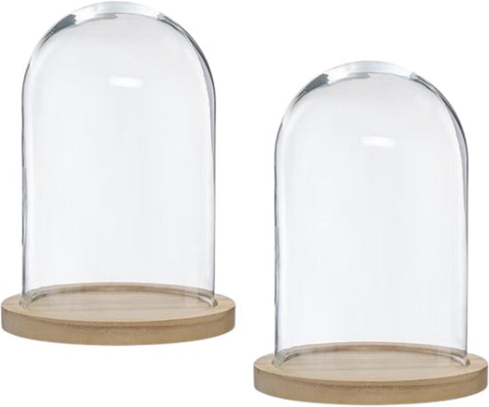 Glasglocke - Glassturz - Glaskuppel - 2er-Set - Dekorative Glocke mit Holzfuß - 18 x 25 cm - Transparent
