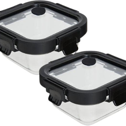 Vershoudbakjes - Set van 2 - Bewaarbakjes met Deksel - Magnetronbestendige Lunchbox - Voedselcontainer - Vierkante - 320 ml - Borosilicaat Glas - 13 x 13 x 6.2 cm - Transparante en Zwart Deksel