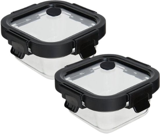 Vershoudbakjes - Set van 2 - Bewaarbakjes met Deksel - Magnetronbestendige Lunchbox - Voedselcontainer - Vierkante - 320 ml - Borosilicaat Glas - 13 x 13 x 6.2 cm - Transparante en Zwart Deksel