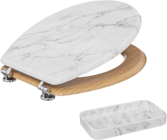 Léa Badkameraccessoiresset - Badkamer Accessoires Set - WC Bril met Toilet Accessoires Set - Toiletzitting HDF - Rechthoekige Tray Polyresin - Wit