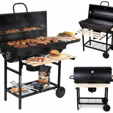 Grand barbecue charbon sur roulettes avec couvercle, thermomètre et grilles réglables – Idéal pour le jardin