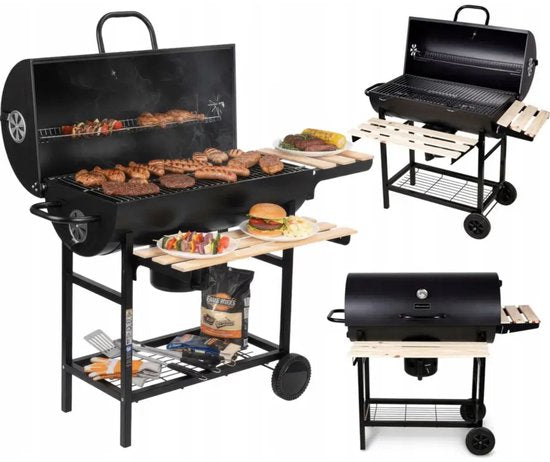 Grand barbecue charbon sur roulettes avec couvercle, thermomètre et grilles réglables – Idéal pour le jardin