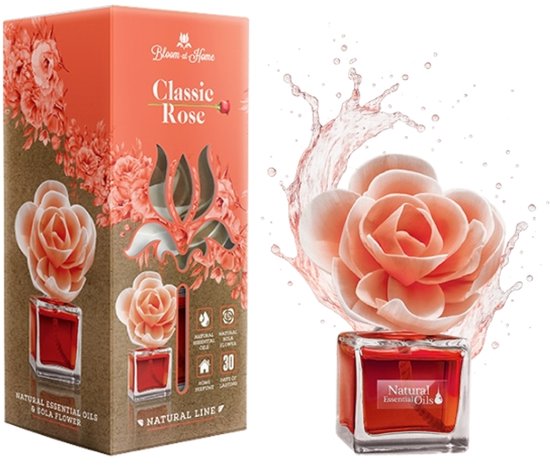Elix - Bloom at Home Decoratieve Luchtverfrisser - Air Freshener - Geur Diffuser met Bloem - Langdurige Geur - Glas met Sola Bloem - 100ml - Classic Rose