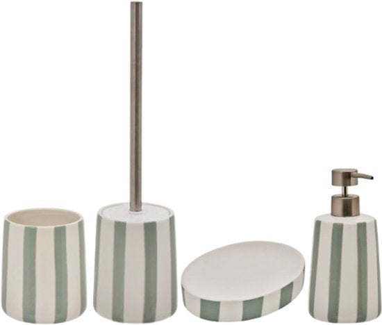 Strio Badkameraccessoiresset - Badkamer Accessoires Set - Luxe Badkamer Set - Keramisch - 39cm Toiletborstel - 400ml Zeepdispenser - 10cm Tandenborstelhouder - 13.3cm Zeepschaal - Dolomiet - Celadon Groen
