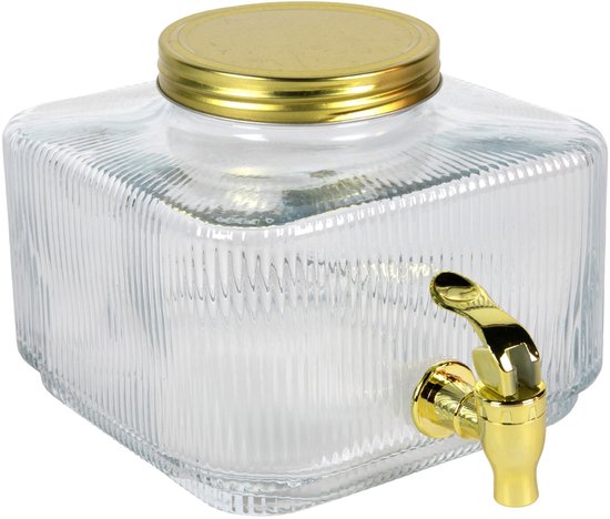 MPLCo - Drankdispenser - Limonadetap - Sapdispenser - Glazen Drankkan met Deksel - Glazen Drankdispenser met Kraantje - Waterdispenser voor Koelkast - Geribbeld Glas - 3 Liters - 19 x 19 x 14 cm - Transparant & Goud
