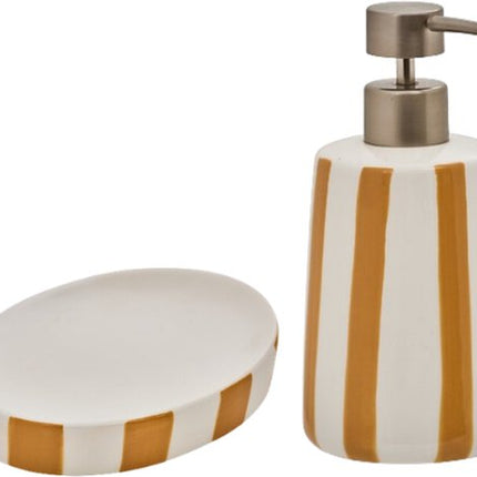 Badkameraccessoiresset - Stijlvolle Badkamer Accessoires - Strio Zeepdispenser 17.3 cm & Zeepbakje 13.3 cm - Keramisch Dolomiet – Geel & Wheat