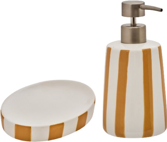 Bathroom Accessory Set - Stylish Bathroom Accessories - Strio Soap Dispenser 17.3 cm & Soap Dish 13.3 cm - Ceramic Dolomite – Yellow & Wheat