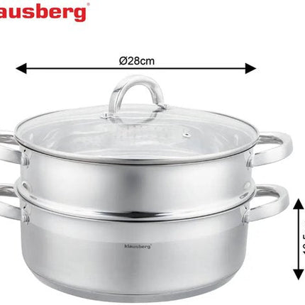 Klausberg - Stoompan - 3-delige RVS Stoomkookset - Stoominzet - Glazen Deksel - Inductie - Gas - Elektrisch - RVS - 6 Liters - 28 cm - Zilver