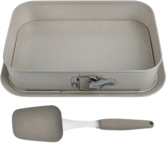 Bakset - Bakvorm met Spatel - Bakvorm met Afneembare Rand - Non-Stick Marmer Coating - Carbon Staal Cakevorm - Rechthoekige Springvorm 39 x 27 cm - Grijs
