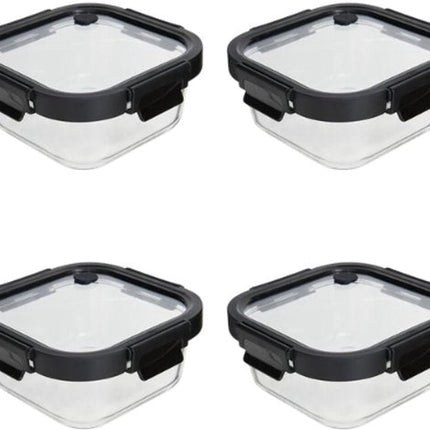 Vershoudbakjes - Set van 4 - Bewaarbakjes met Deksel - Magnetronbestendige Lunchbox - Voedselcontainer - Vierkante - 750ml - Borosilicaat Glas - 17.2 x 17.2 x 7.3 cm - Transparante en Zwart Deksel