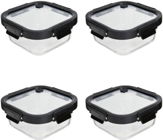 Food Storage Containers - Set of 4 - Storage Containers with Lids - Microwave-Safe Lunchbox - Food Container - Square - 750 ml - Borosilicate Glass - 17.2 x 17.2 x 7.3 cm - Transparent and Black Lid