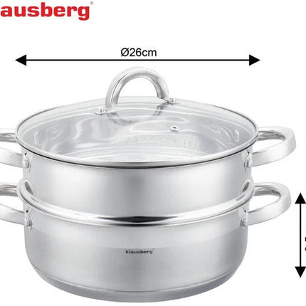 Klausberg - Stoompan - 3-delige RVS Stoomkookset - Stoominzet - Glazen Deksel - Inductie - Gas - Elektrisch - RVS - 4.6 Liters - 26 cm - Zilver
