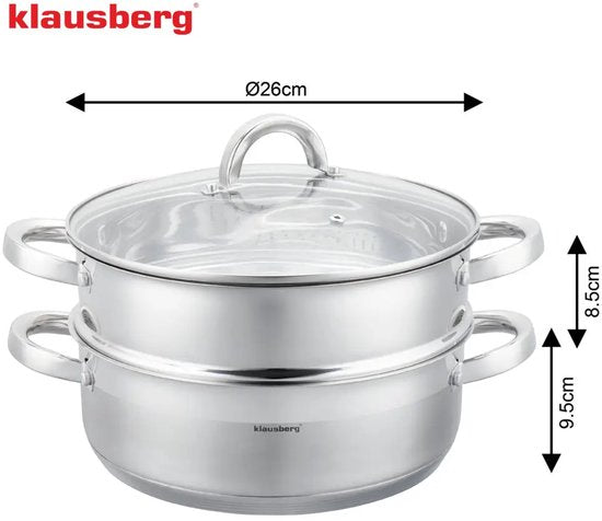 Klausberg - Steamer - 3-Piece Stainless Steel Steam Cooking Set - Steamer Insert - Glass Lid - Induction - Gas - Electric - Stainless Steel - 4.6 Liters - 26 cm - Silver