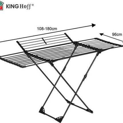 KINGHoff - Droogrek - Opvouwbaar Wasrek Verstelbaar - Staand Wasdroogrek - Inklapbaar Kledingrek - Wasrek voor Binnen en Balkon - Max. 20 kg - 108–180 x 96 x 101 cm - Zwart