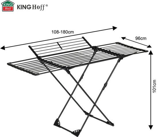 Kinghoff Foldable Drying Rack – Up to 20 kg – 108-180 cm – Black