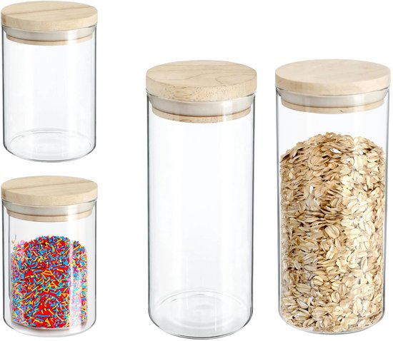 Secret de Gourmet - Keuken voorraadbussen / potten - glas / hout - set 4x stuks - 600 en 1000 ml