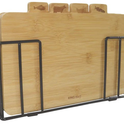 Kinghoff - 4 Delige Snijplank - Snijplanken met Standaard - Keuken Snijplankenset - Vlees, Vis, Gevogelte & Groenten - Bamboe - 28.5 x 20 cm
